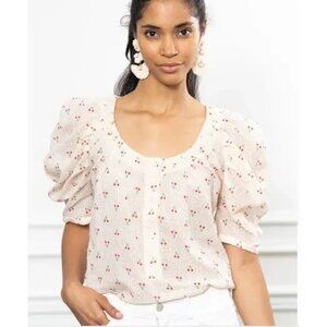 Womens The Shirt by Rochelle Behrens Cream Red Polka Dot Cherry Blouse Top XS